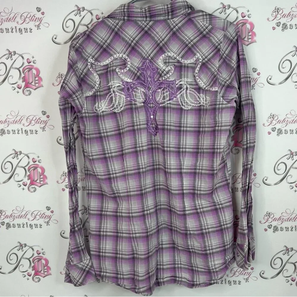 Rock 47 by Wrangler button down embroidery cross back Purple Plaid Casual Shirt